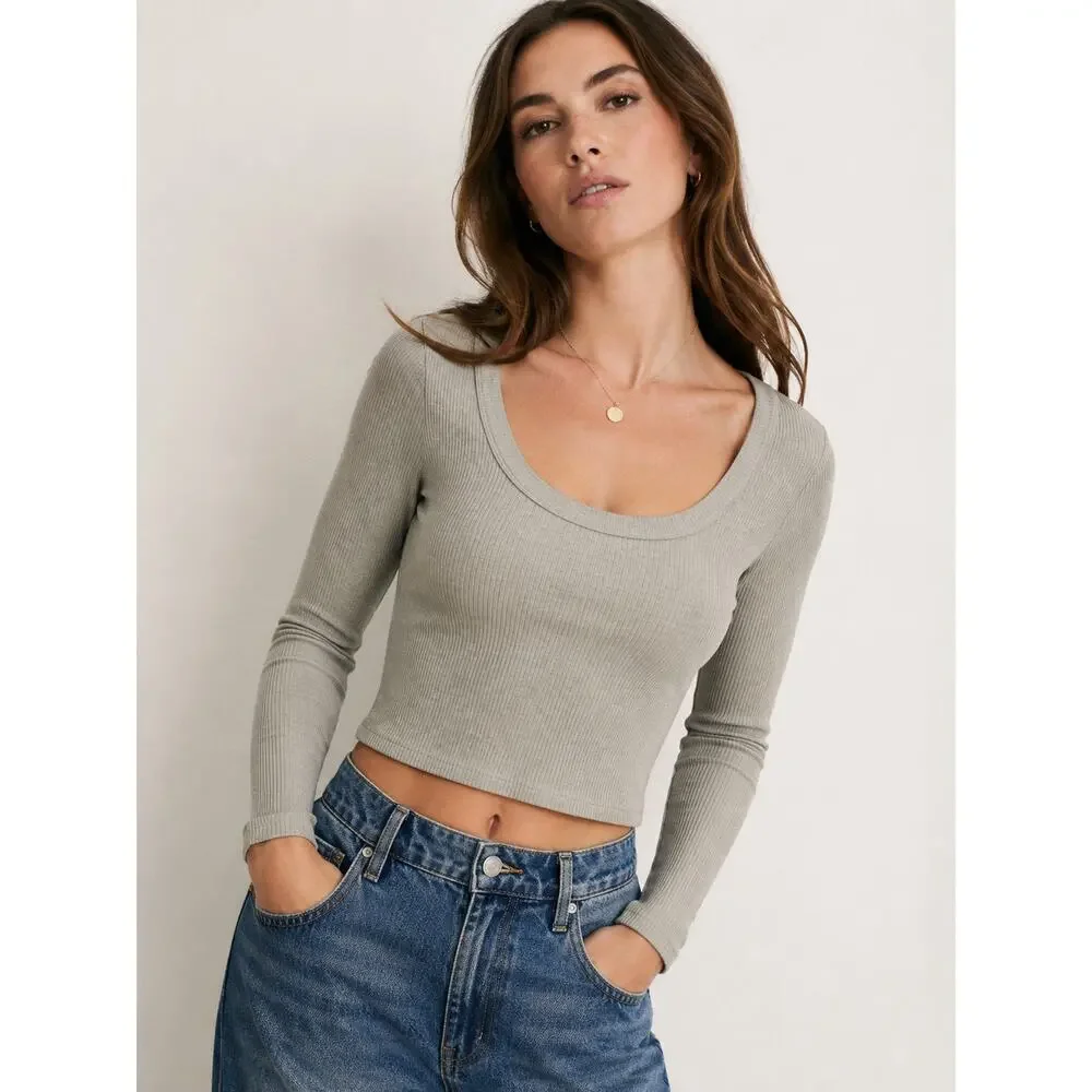 Reformation Paige Marble Ribbed Scoop Neck Crop Top - Gray - Size M